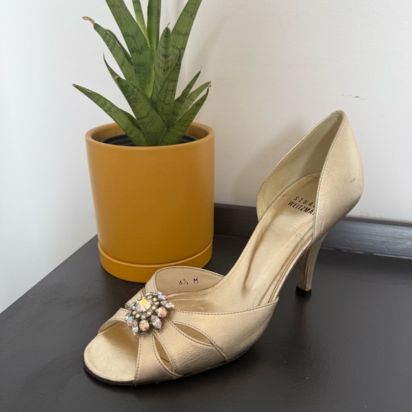 Stuart Weitzman metallic gold peep-toe crystal jewel heels - size 6.5 - Picture 2 of 8